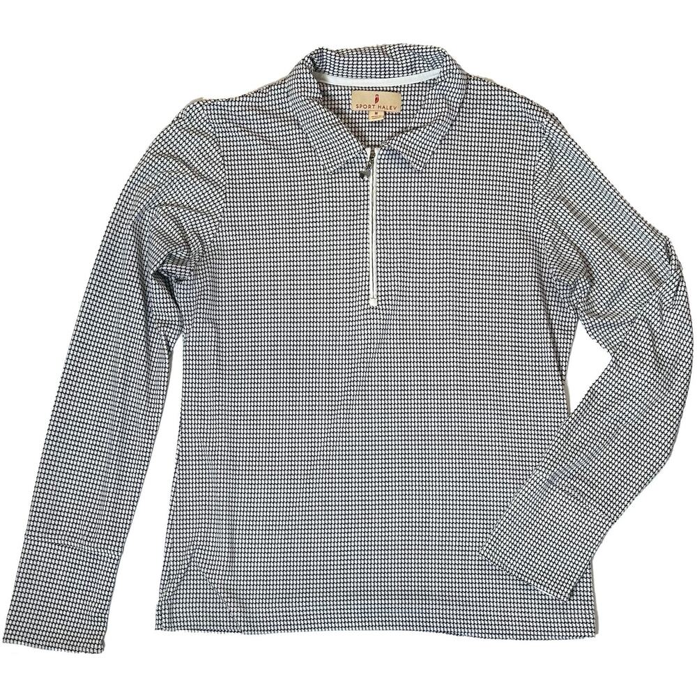 Sport Haley Long Sleeve Blk & Wht Print 1/4 Zip Front Collared Golf Shirt size M